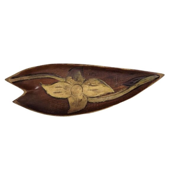 Vintage Handcarved Wood Abstract Floral Design Trinket Dish Decor Mid Century - Picture 1 of 7